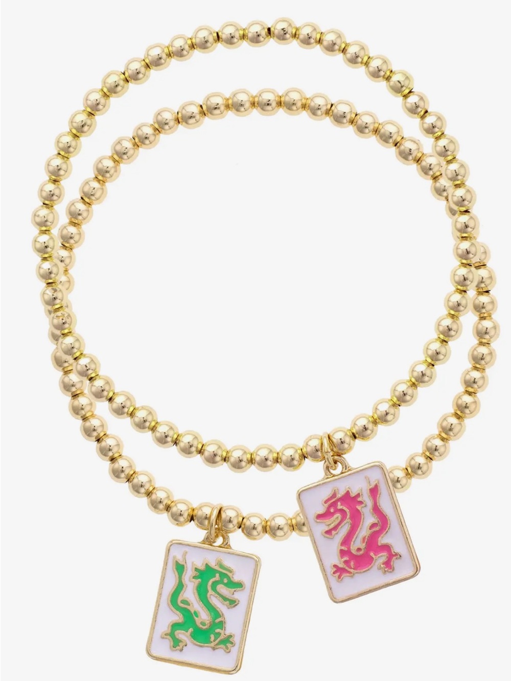 Mahjong Dragon Tile Bracelet Set NWT Gold Beaded Stretch Stack Pink Green